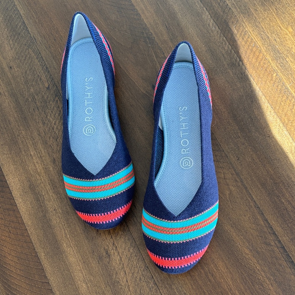 Rothy’s Merino Navy Ribbon Stripe Flats 8 New